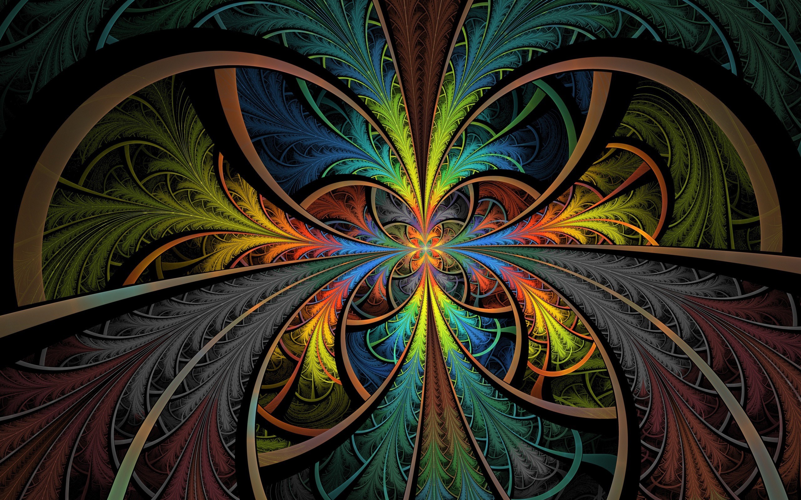 A vibrant and intricate abstract fractal design with a kaleidoscopic pattern of colorful shapes resembling feathers or flames, radiating outwards from the center against a dark background.  This digital art piece evokes a sense of energy, movement, and complexity