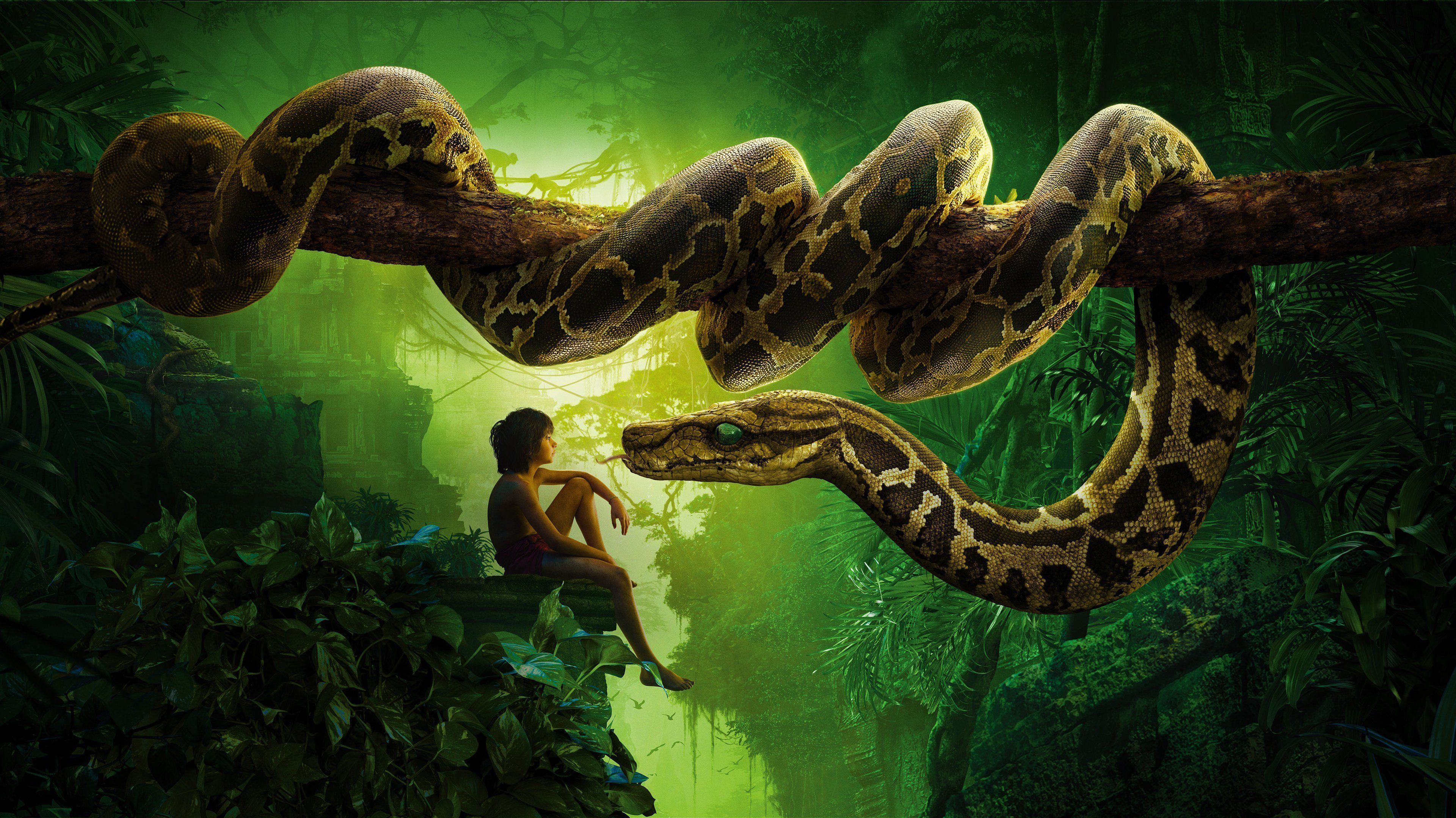 The Jungle Book Mowgli With Anaconda Kaa Movie 4k Wallpaper
