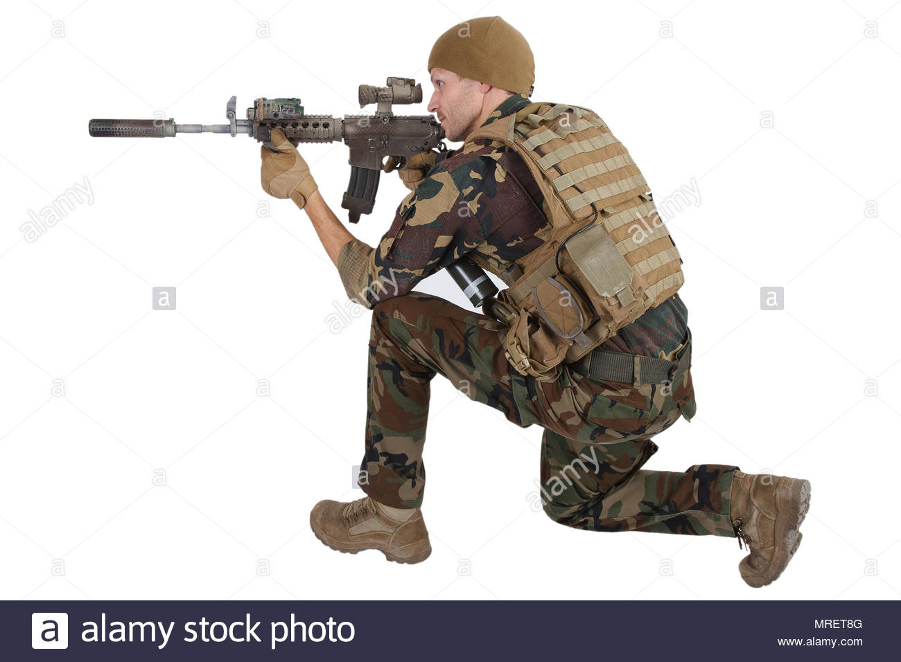 Private Military Pany Operator With Assault Rifle On White