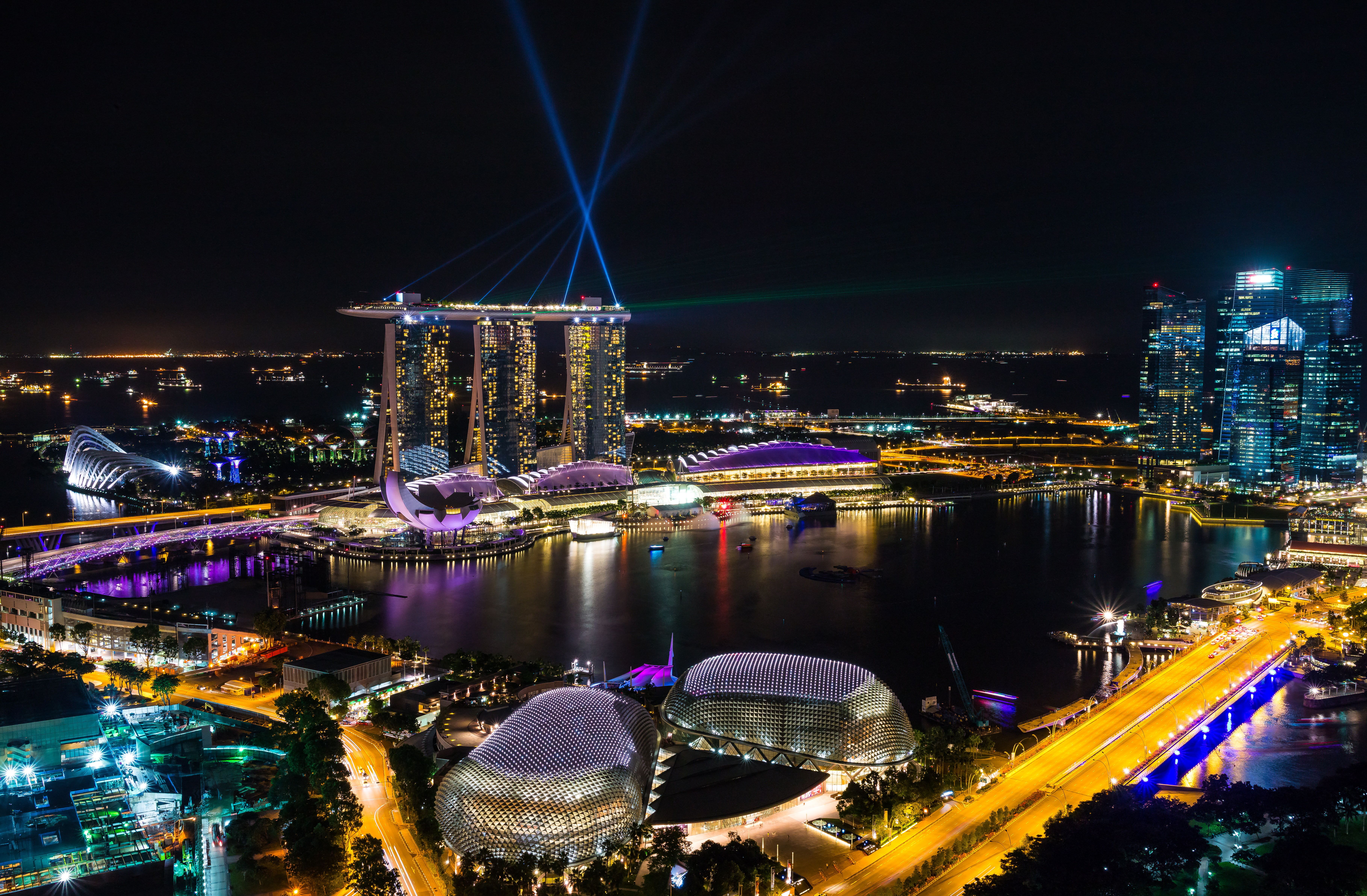 Night Marina Bay 8k Architecture Singapore Skyline 4k