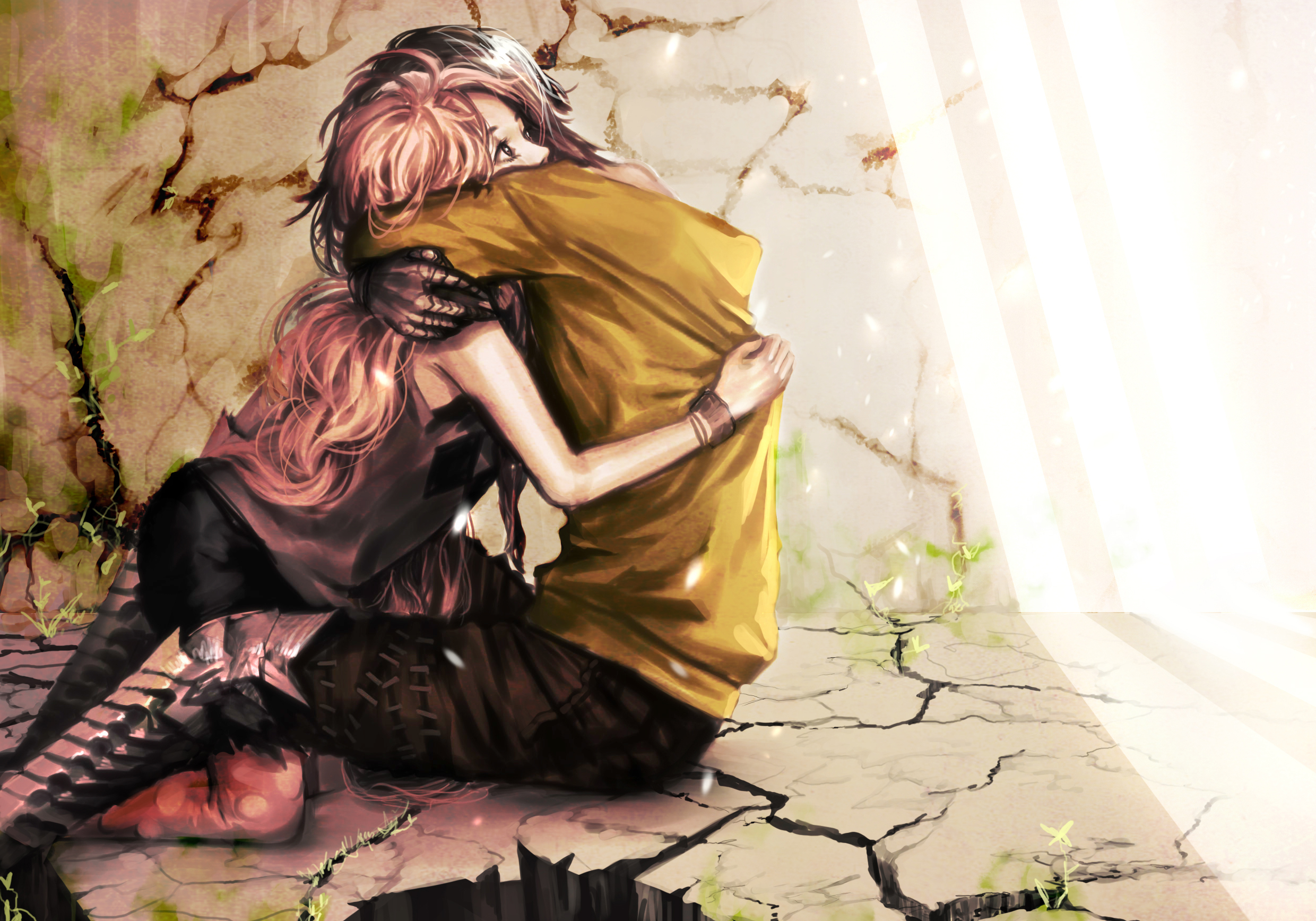 Couple Romantic Hug In Beautiful Sunshine Anime Artwork