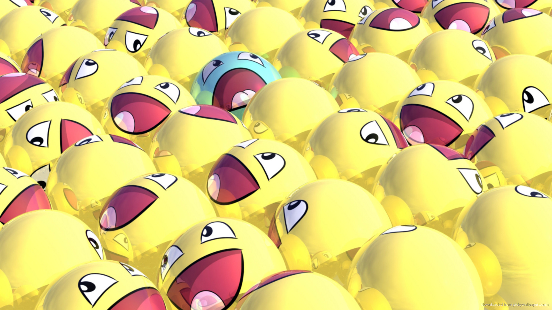 3D Render of Yellow Emoji Balls with a Single Teal Emoji Ball