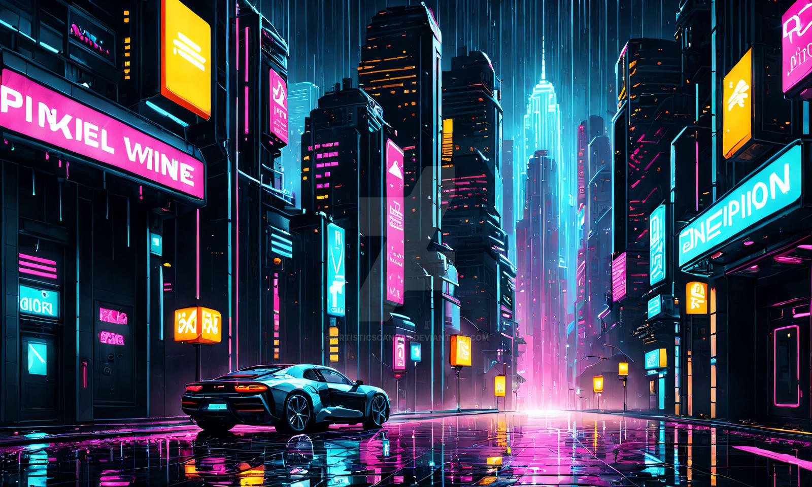 A futuristic cityscape at night, illuminated by neon signs and rain-slicked streets. A sleek sports car is parked on the side of the road