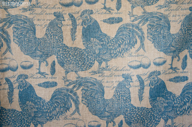 Chicken Rooster Toile Fabric Document Script Blue Turquoise Farmhouse