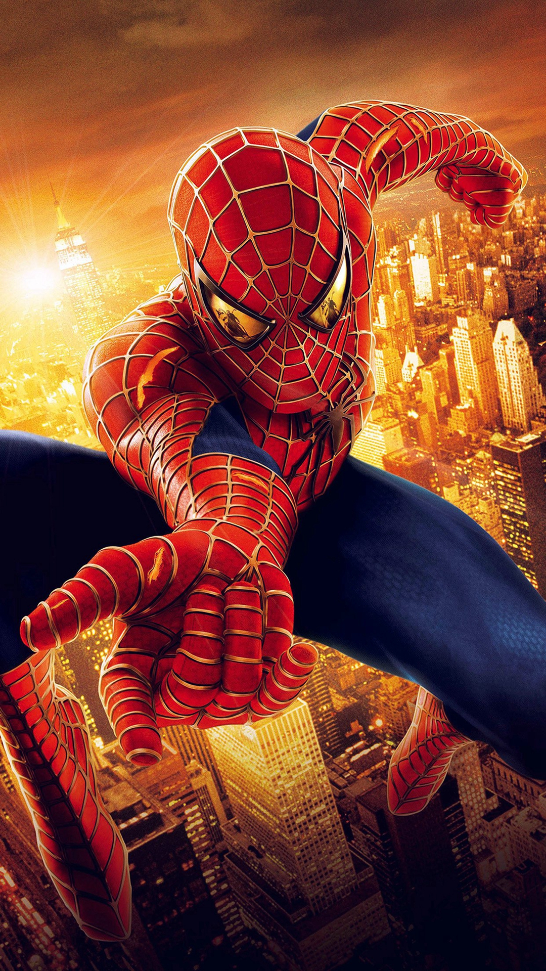 Spider-Man soaring over New York City skyline at sunset
