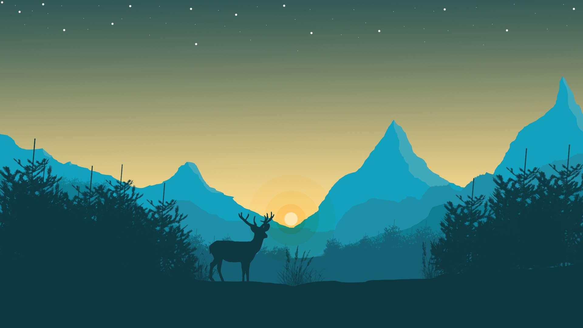 Minimalist wallpaper featuring a deer silhouette against a backdrop of mountains and a setting sun