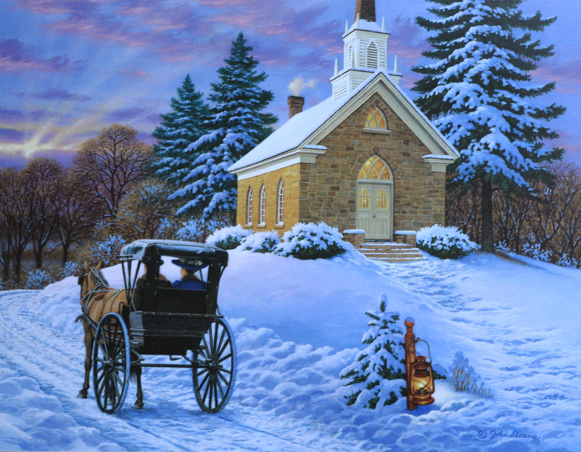 Church In Winter Painting HD Wallpaper