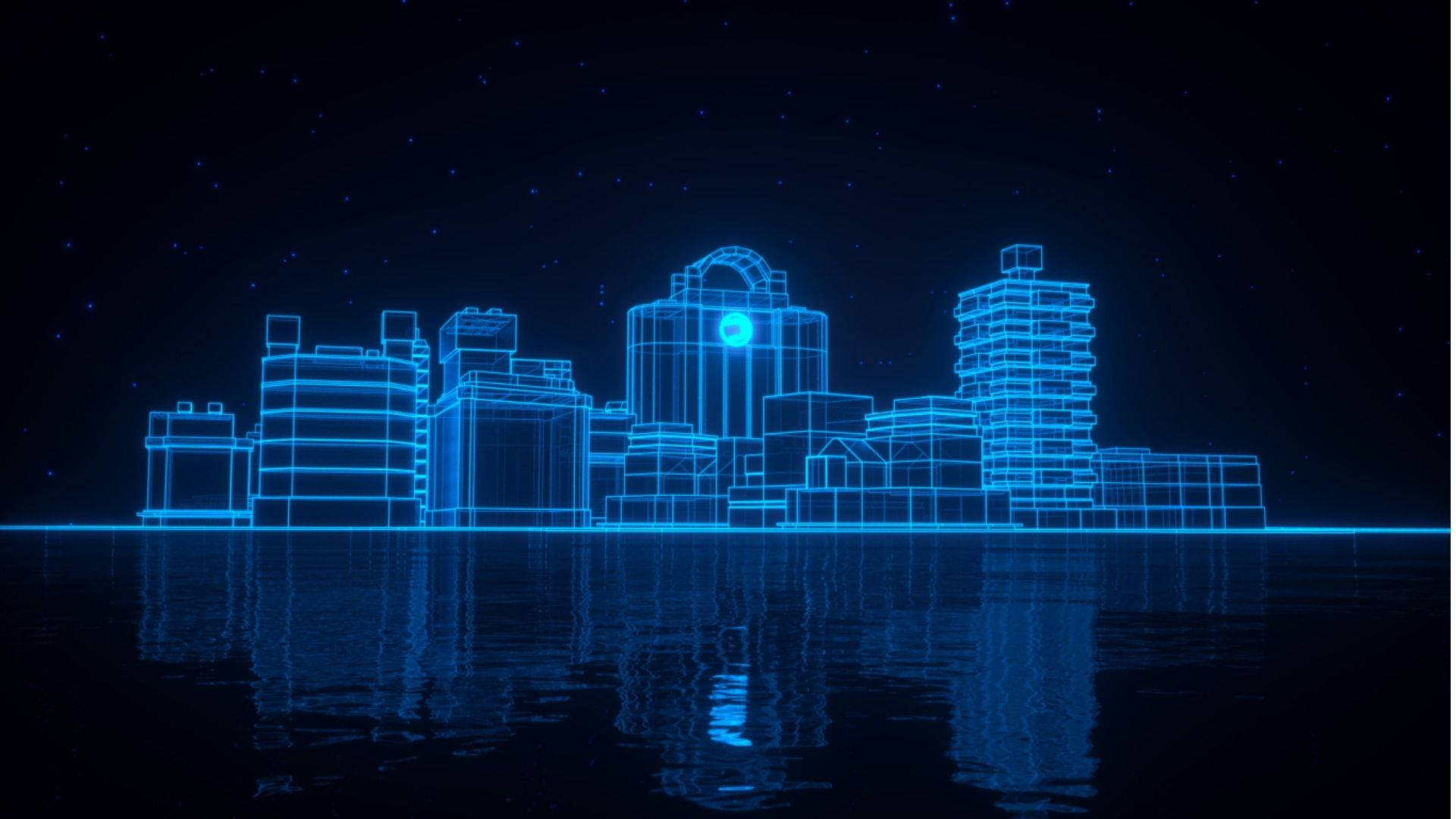 A futuristic cityscape rendered in neon blue against a dark, starry sky, reflected in a still body of water