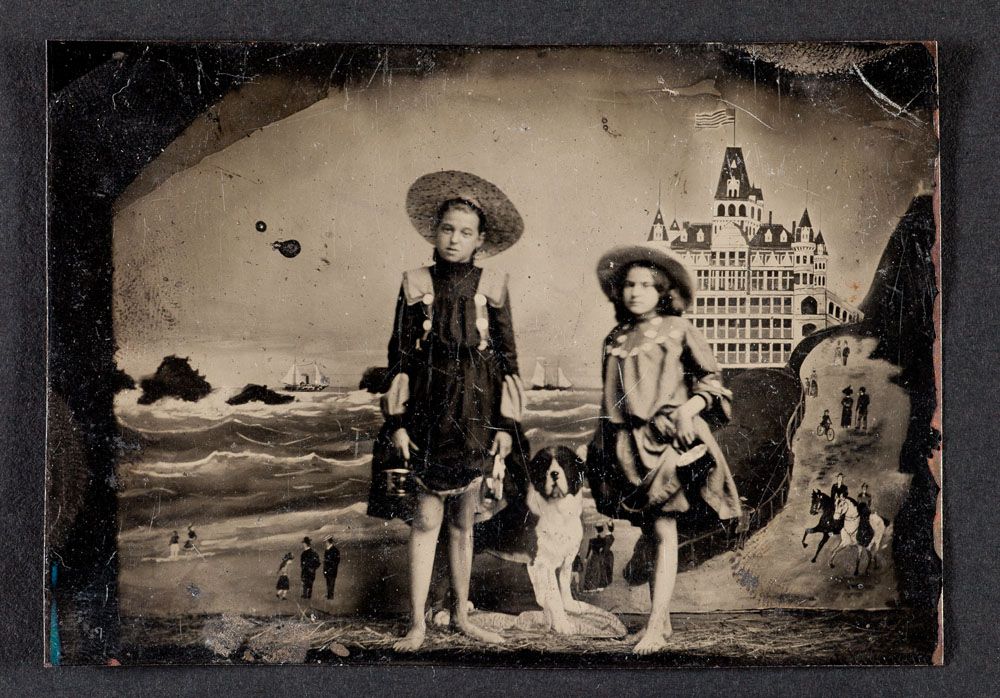 Tintype Of Two Girls In Front A Painted Background The Cliff
