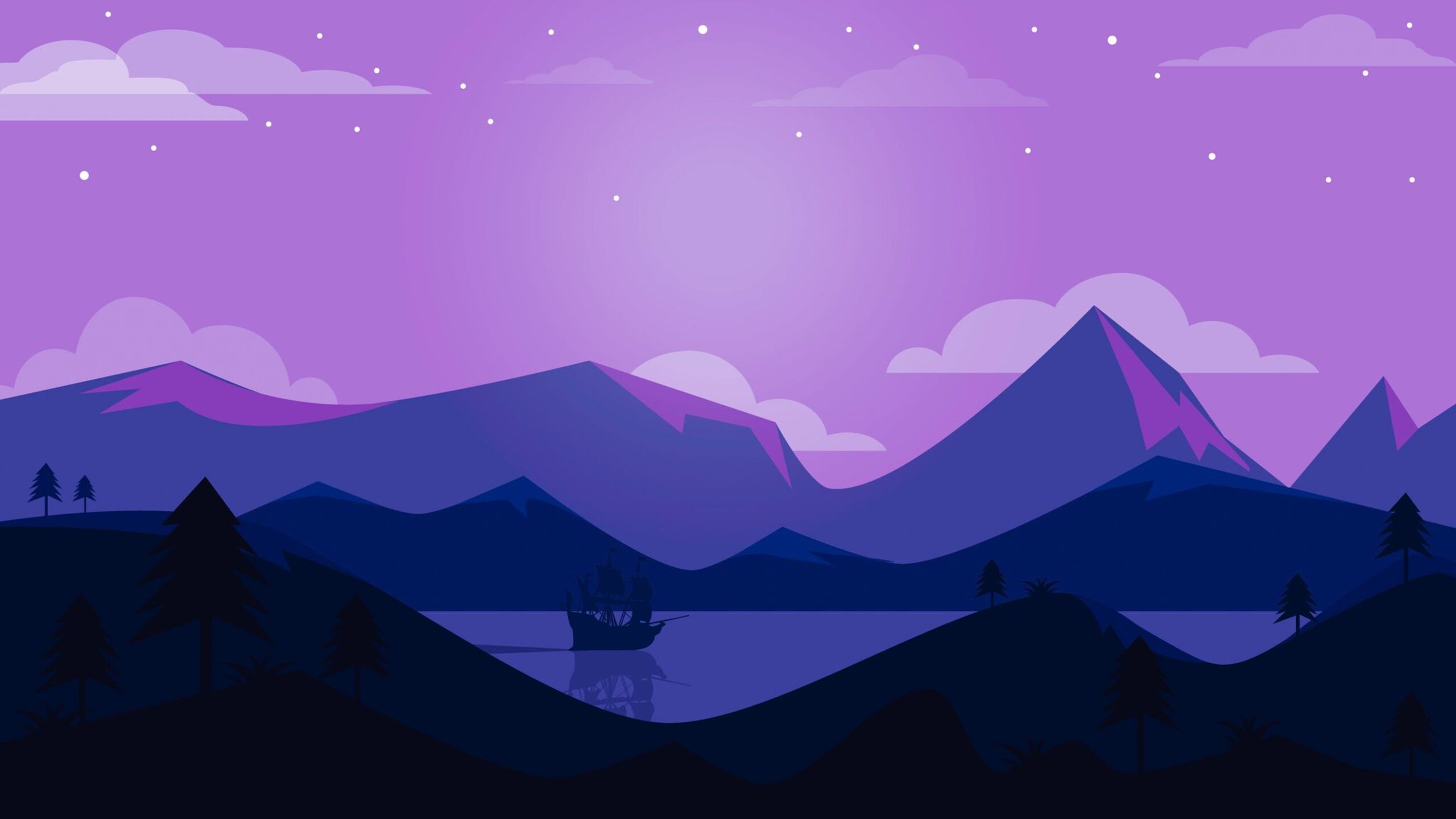 A minimalist HD wallpaper featuring a serene landscape with purple-hued mountains, a tranquil lake, and a lone sailboat silhouetted against the twilight sky