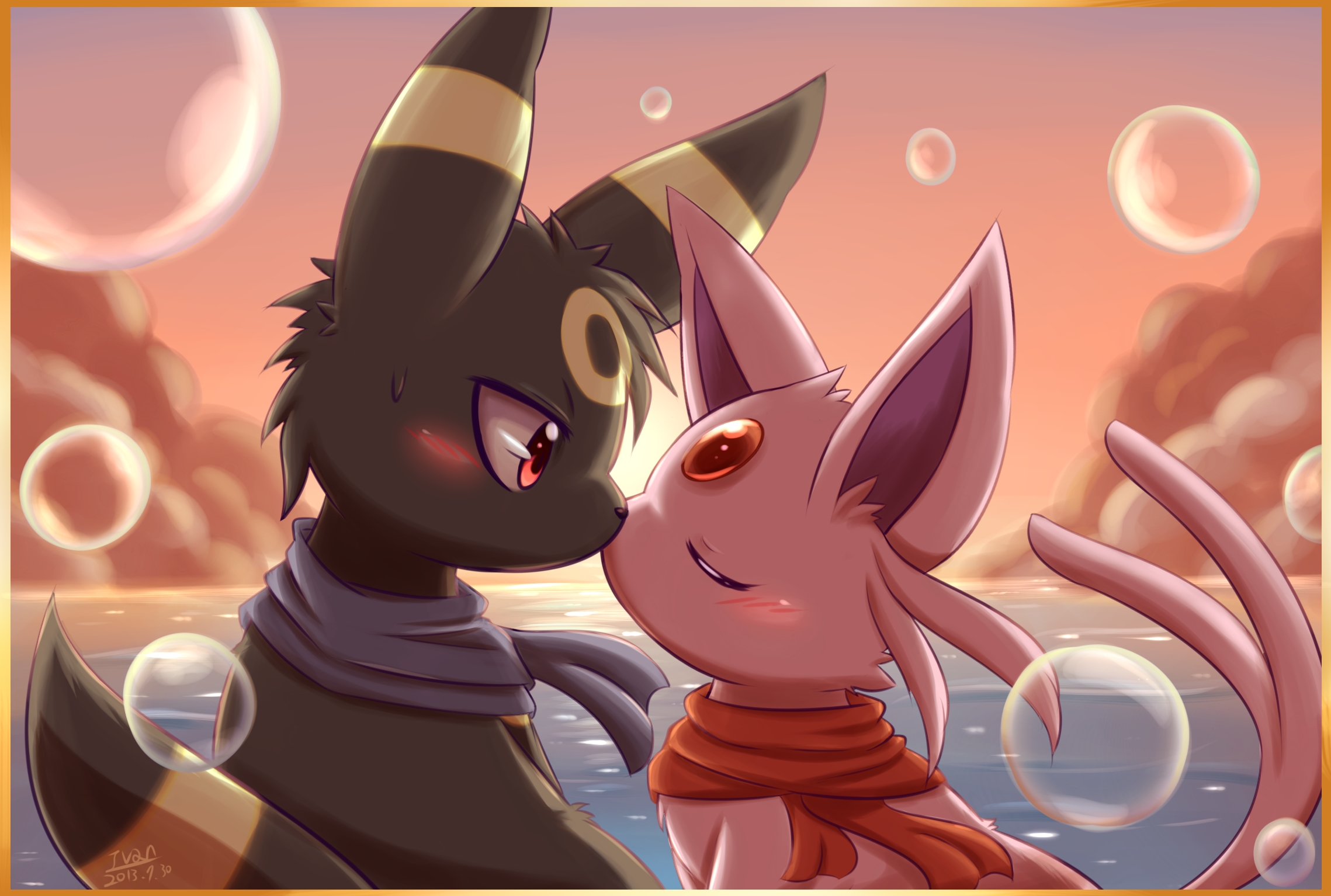 Two Pokemon, an Umbreon and an Espeon, share a tender moment against a sunset backdrop