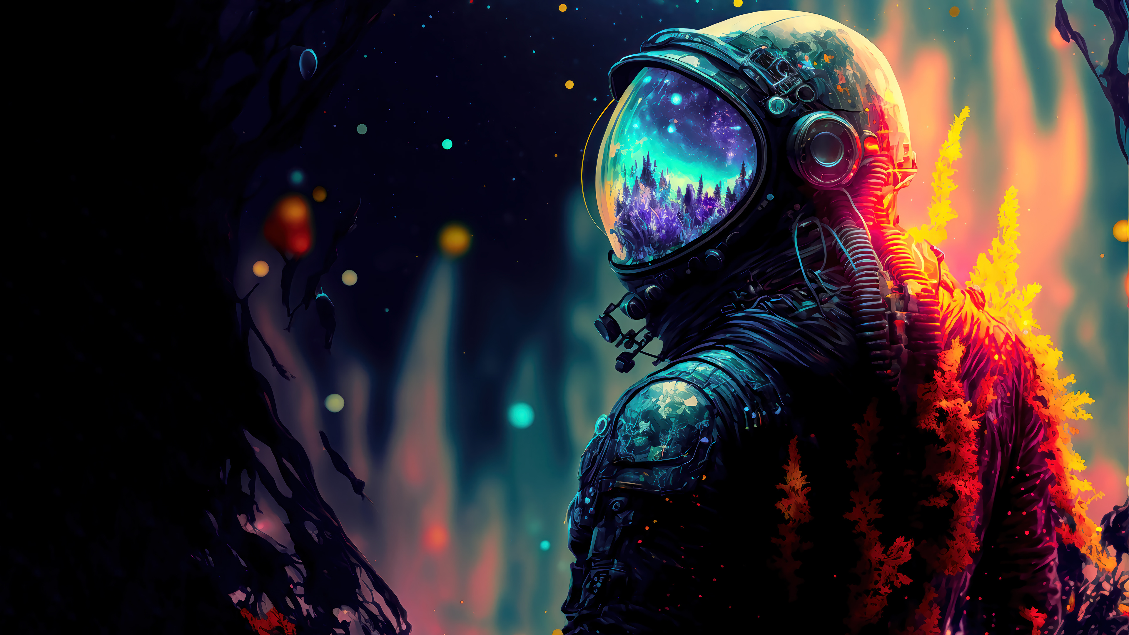 A 4K wallpaper featuring an astronaut in profile view, gazing towards a vibrant, otherworldly landscape reflected in their helmet visor. The astronaut's suit is adorned with glowing flora, adding a touch of fantasy to the science fiction theme