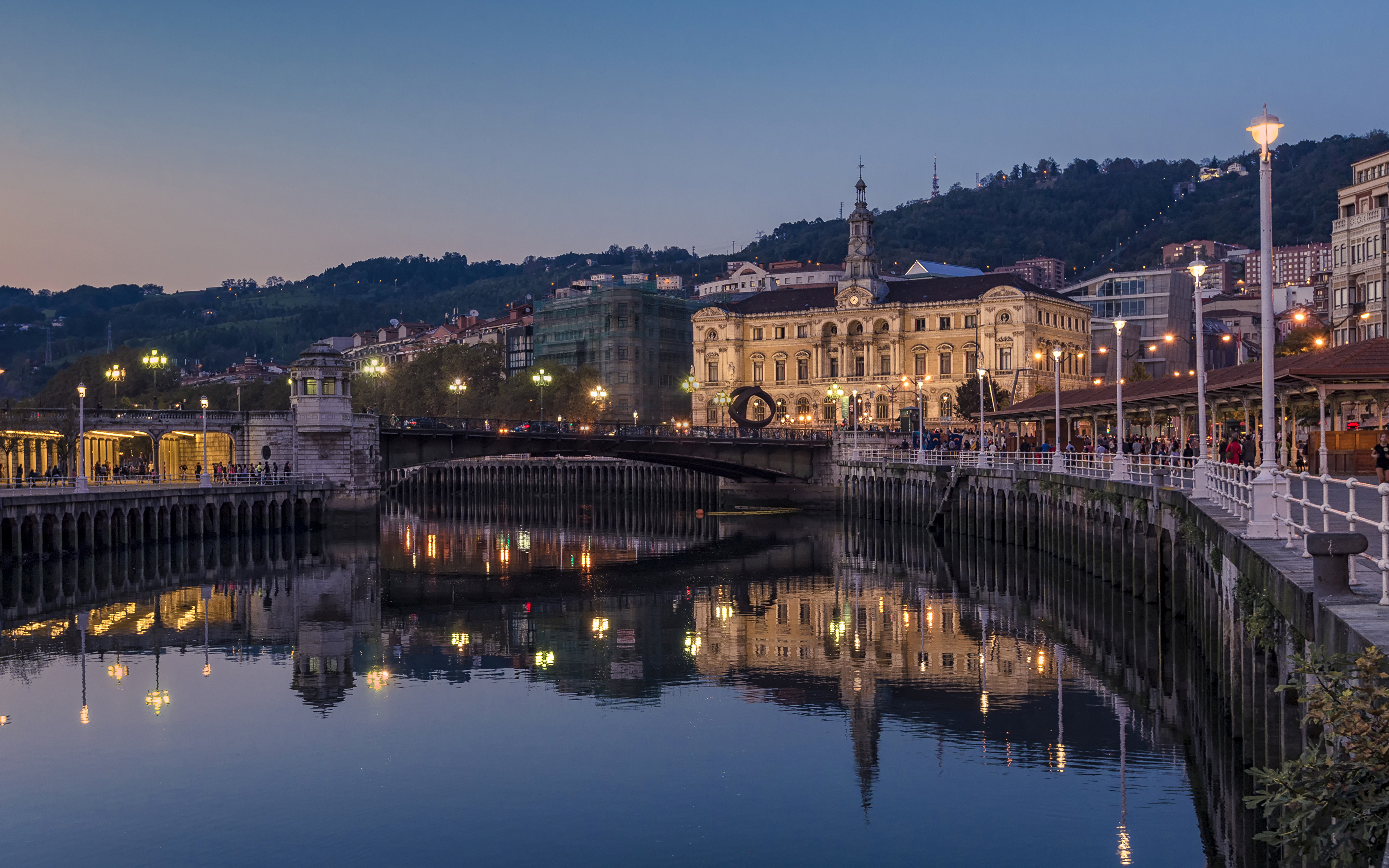 Photo Spain Bilbao Bridges River Street Lights Cities