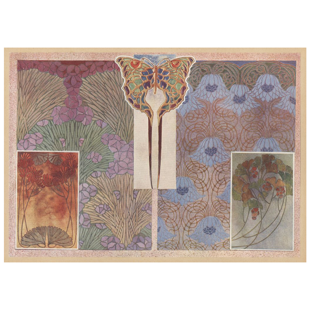 Art Nouveau Chromolithograph Of Floral Wallpaper Design Enameled