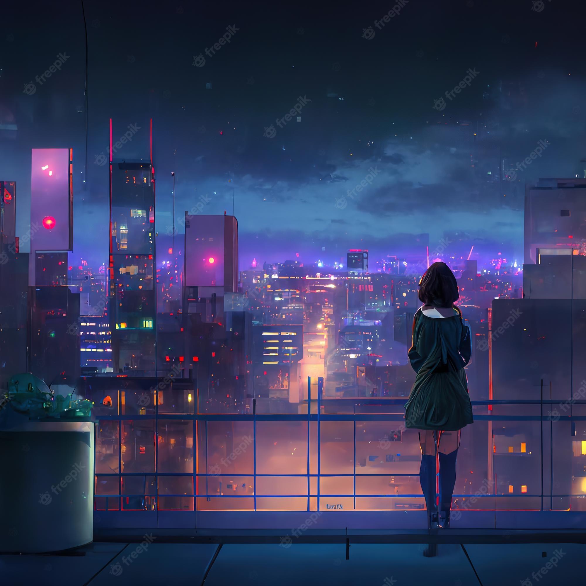 Premium Photo Cute anime woman looking at the cityscape by night