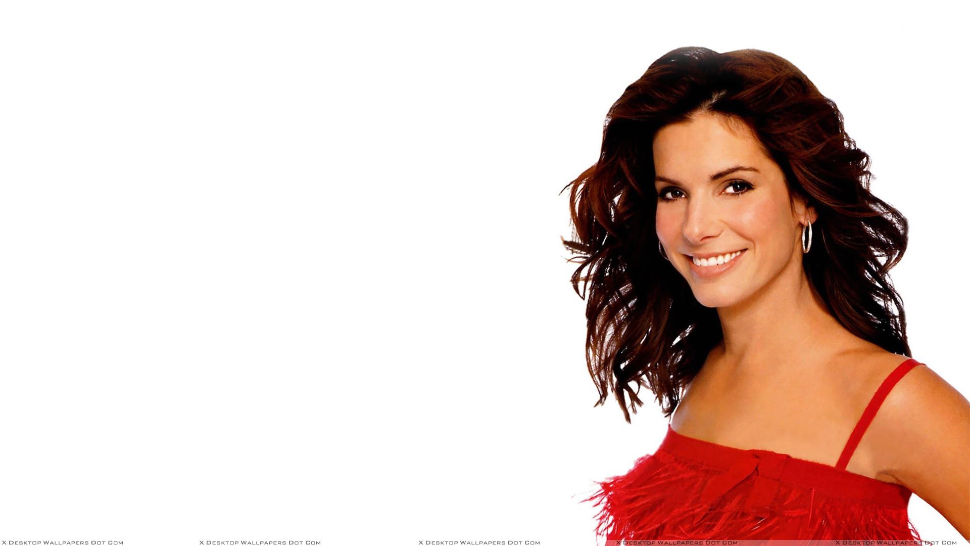 Sandra Bullock Smiling In Red Dress N White Background Wallpaper