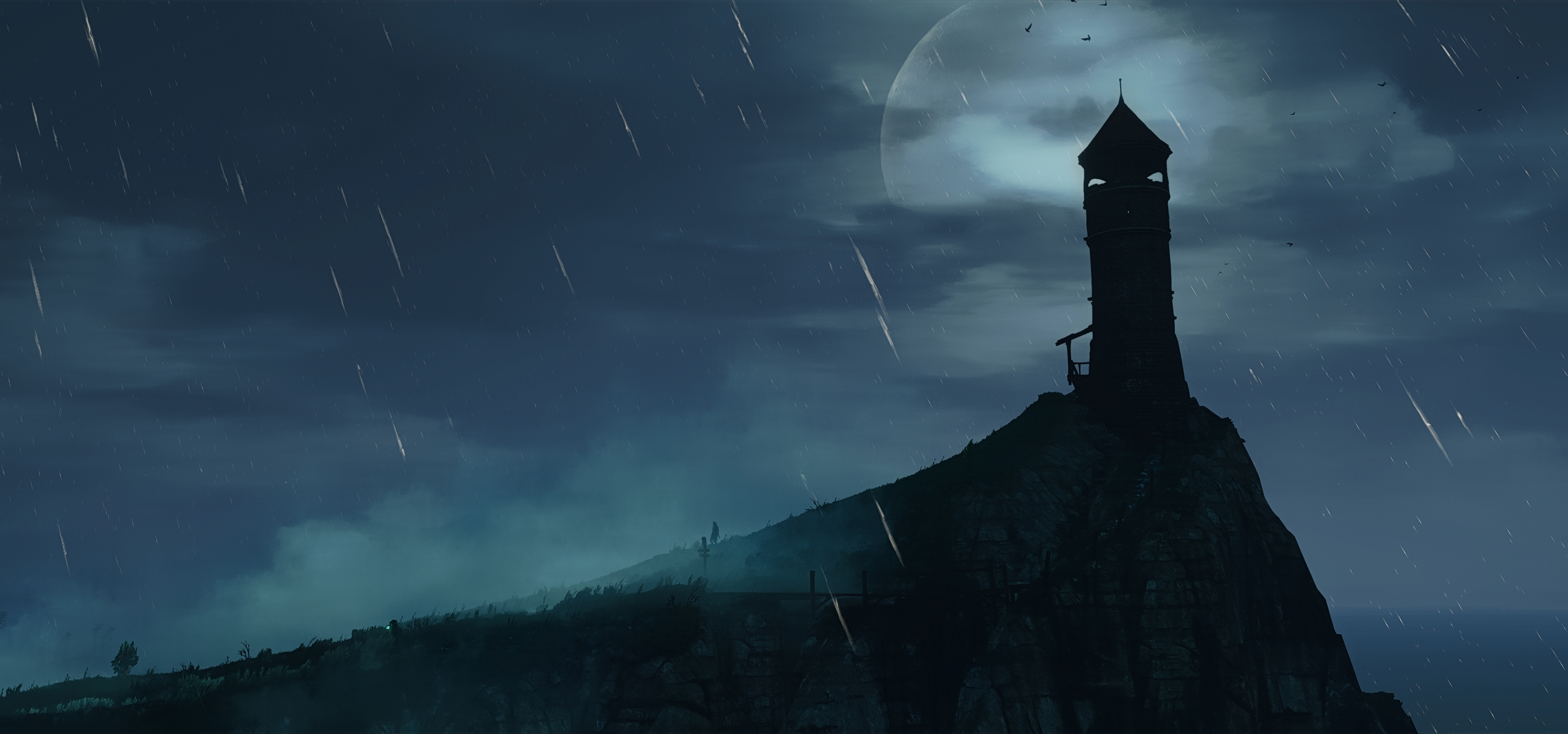 Lighthouse Rain Moon Night Video Game The Witcher Wallpaper