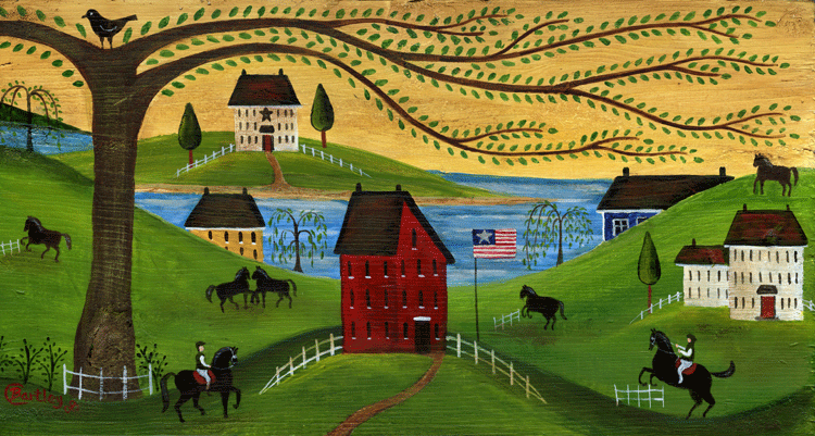 Primitive Folk Art Painting Americana Horse Farm Early American