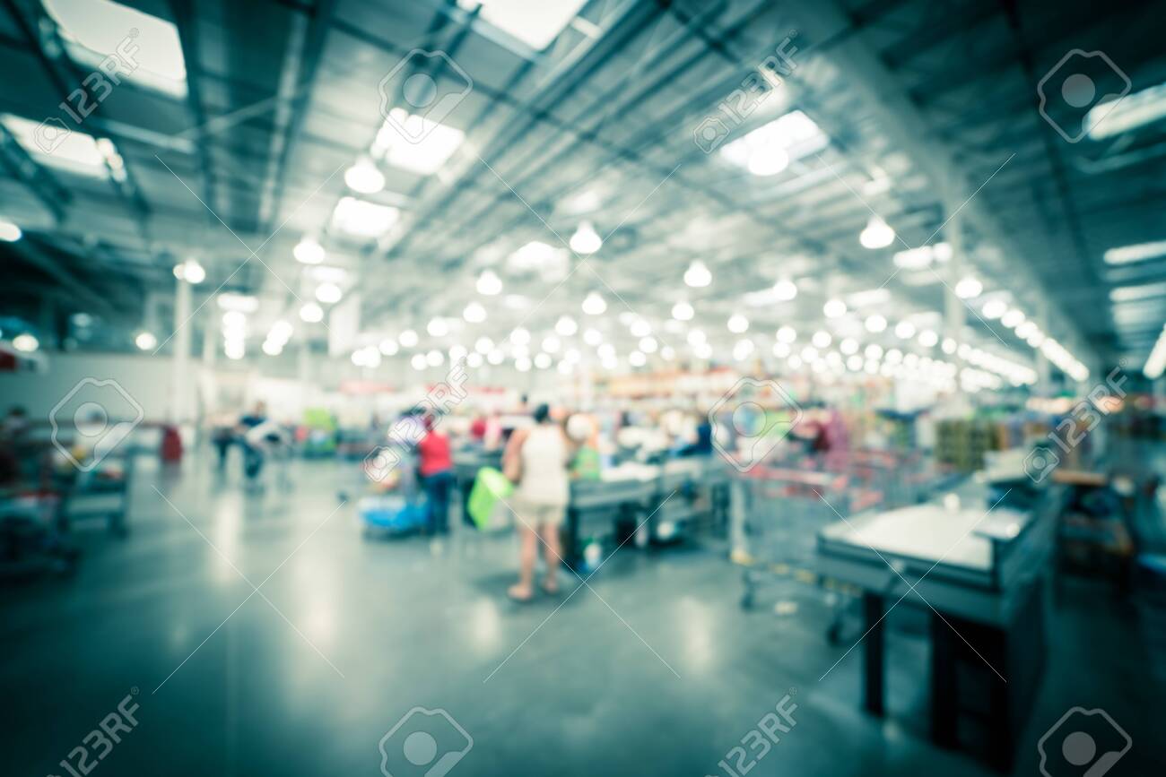 Filtered Image Blurry Background Busy Checkout Line At Wholesale