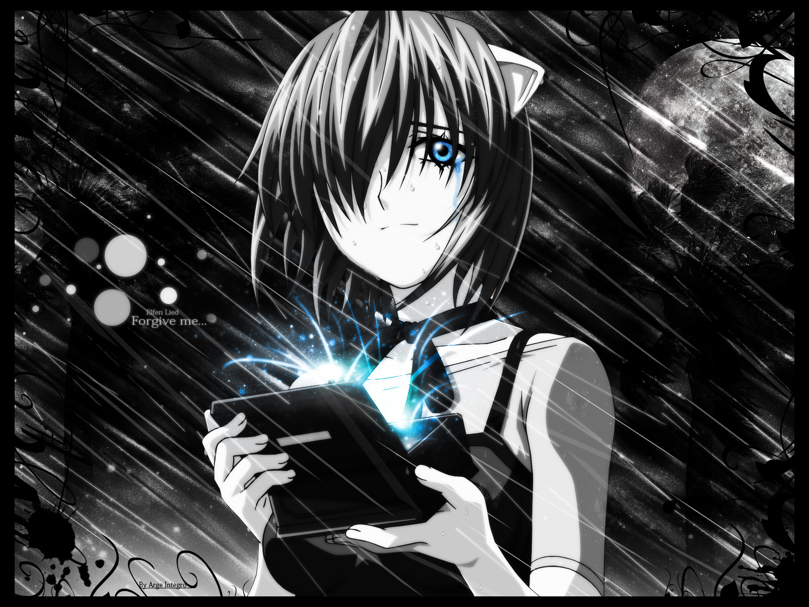A grayscale anime girl with bright blue eyes and cat ears holds a glowing box, a melancholic scene from an anime series against a backdrop of a moonlit night