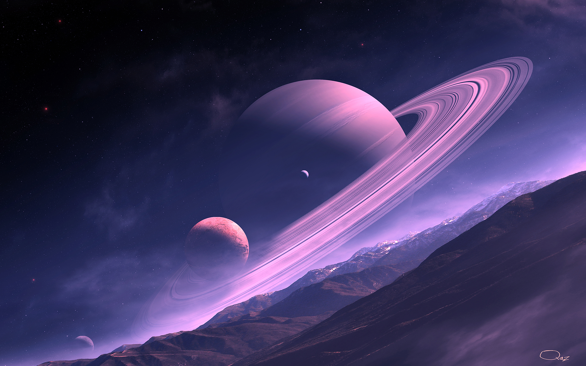 A breathtaking view of a purple-hued ringed planet from a mountainous alien world, with other celestial bodies dotting the star-filled sky. Perfect for outer space enthusiasts