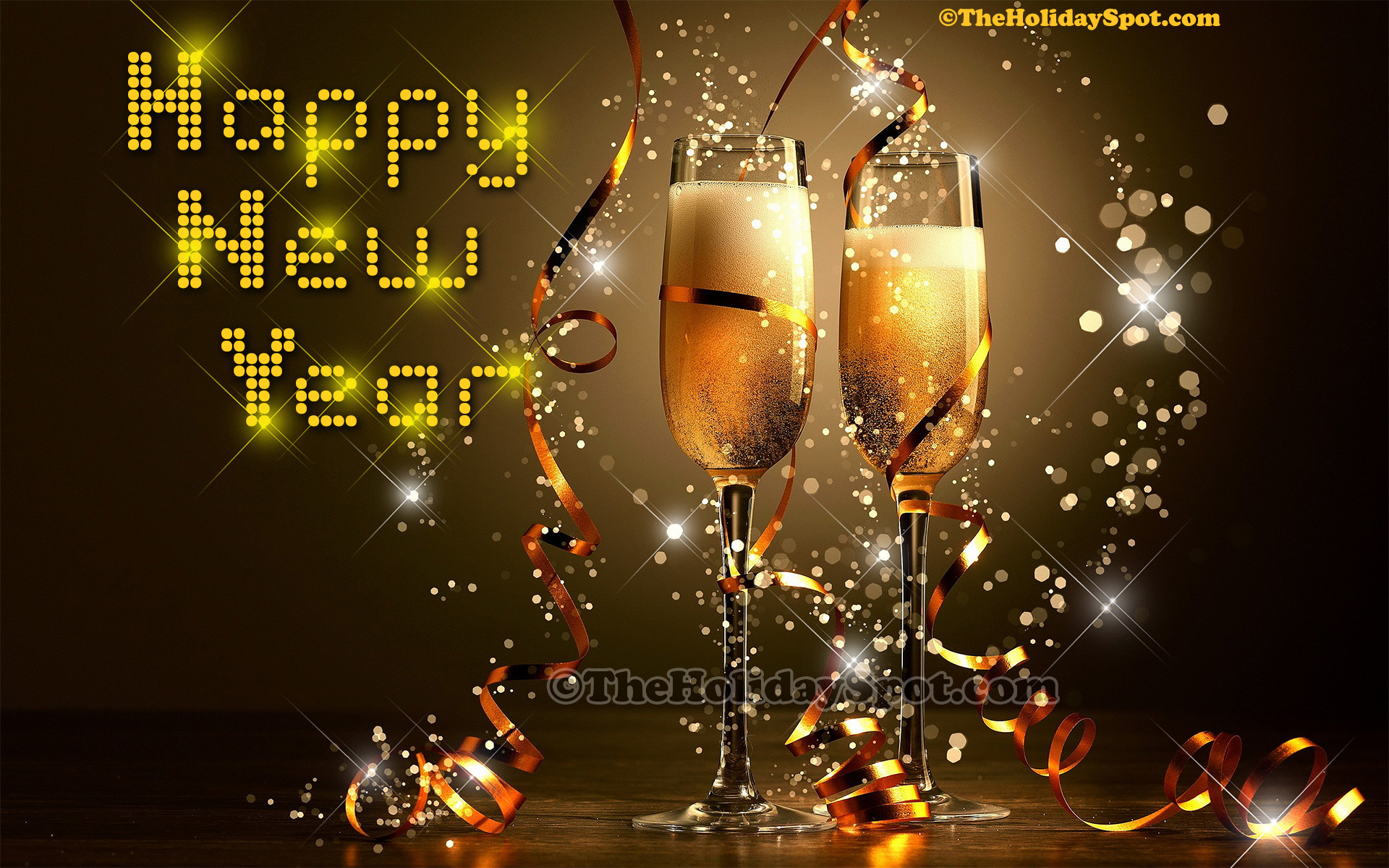 Two champagne flutes filled with bubbly and wrapped in golden ribbons, sparkling against a dark background with the words 