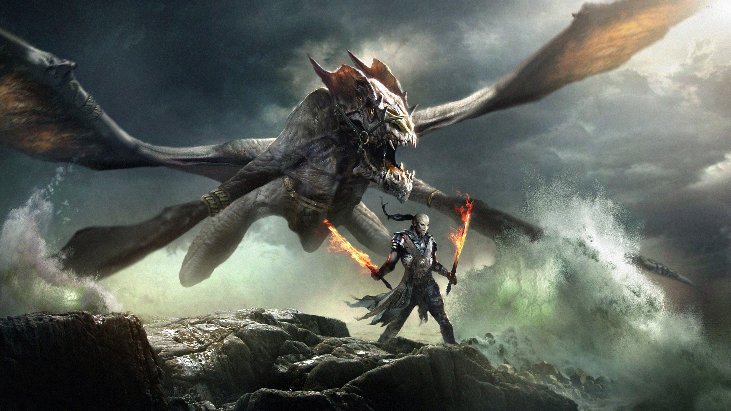 Dragon Attacking The Warrior HD Desktop Wallpaper