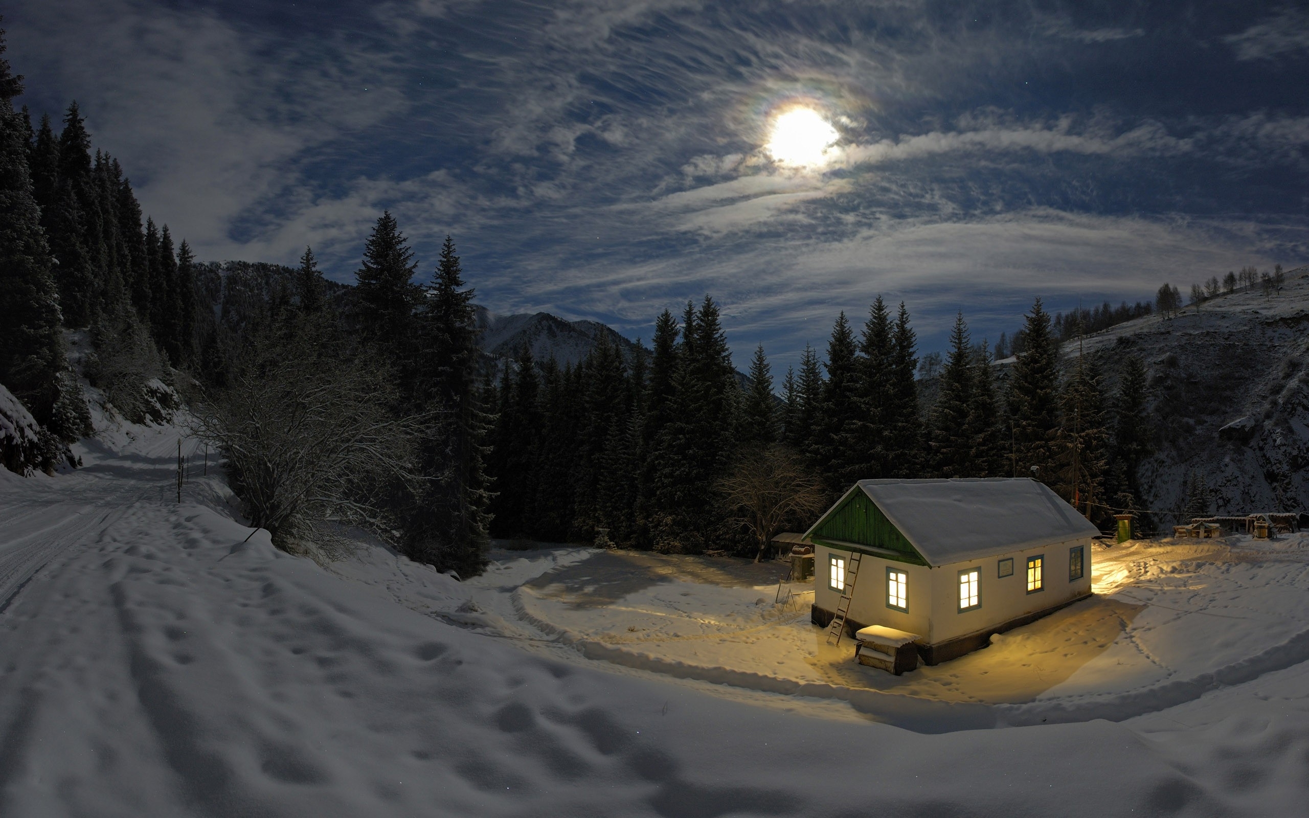 Clouds Moon Trees Snow House Wallpaper