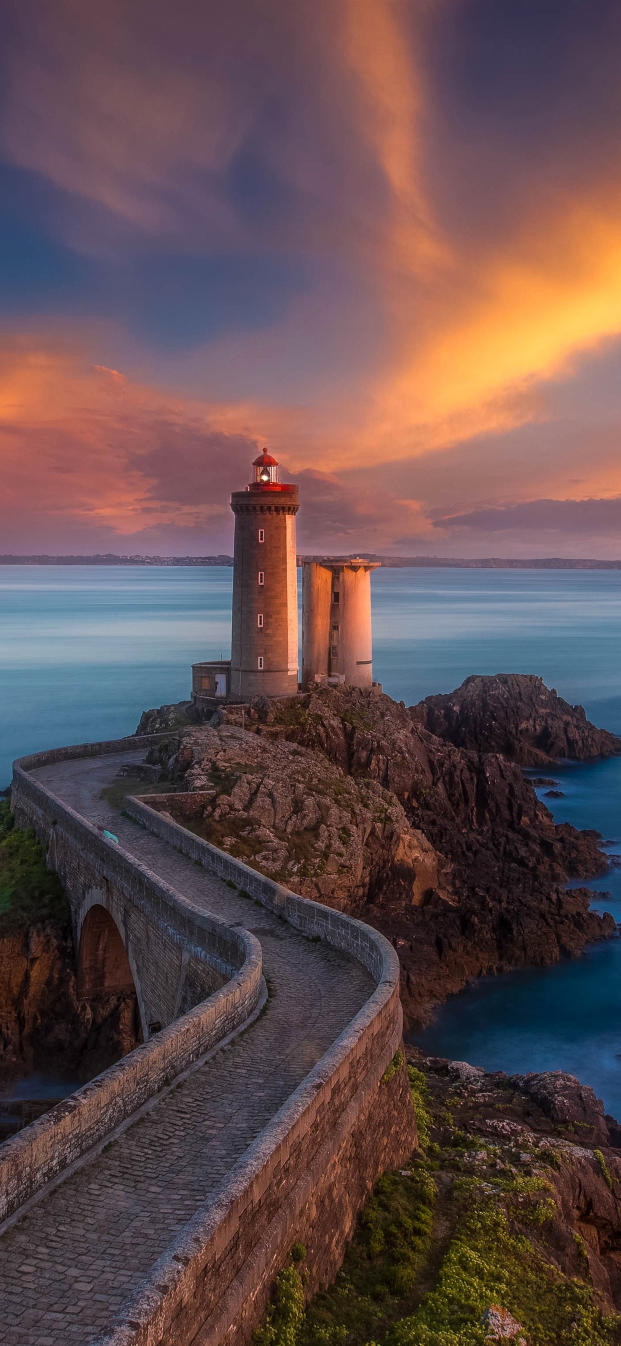 Wallpaper Brittany France lighthouse bridge sea clouds