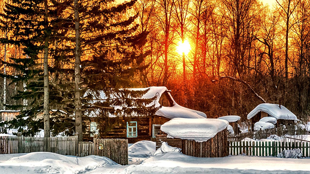 Images Rays of light Winter Nature Snow Fence Trees Houses Seasons