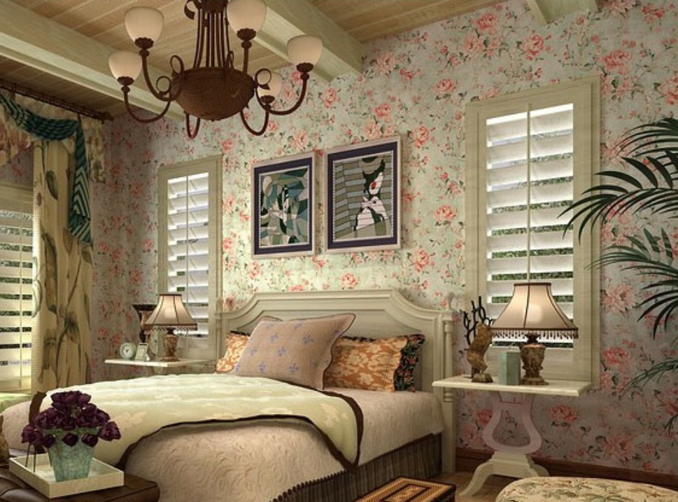 American Country Style Bedroom Wallpaper Decoration Rendering New