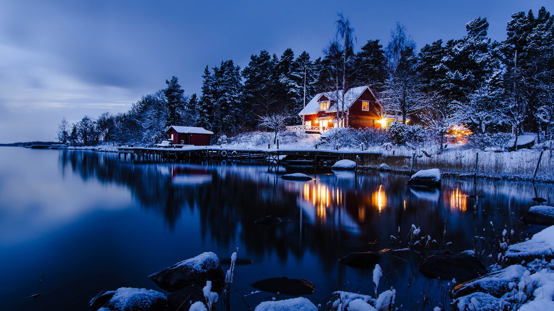 Stockholm Sweden Winter Landscape Of Snow Houses Lake Woods Blue Style