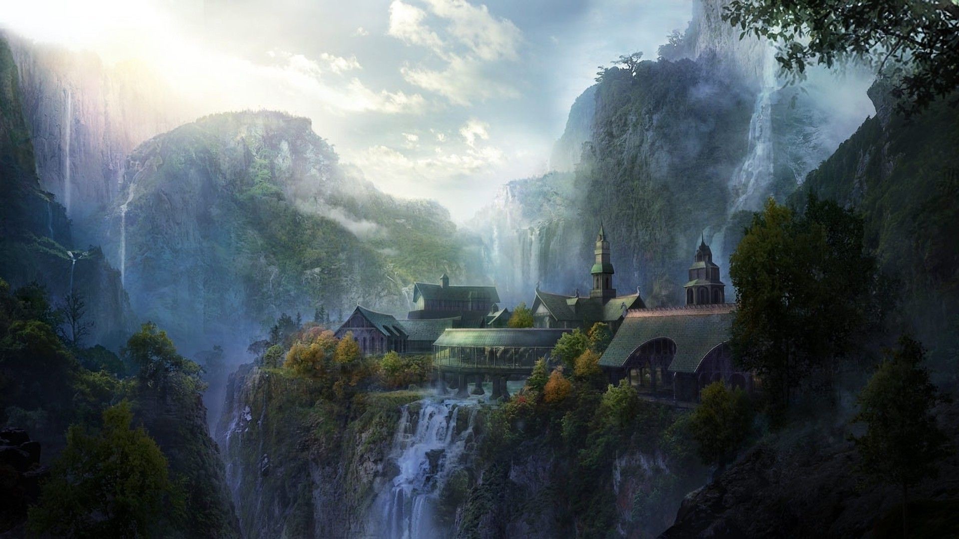 A breathtaking vista of Rivendell, nestled deep within a valley, with waterfalls cascading down the cliffs and lush greenery surrounding the elven structures