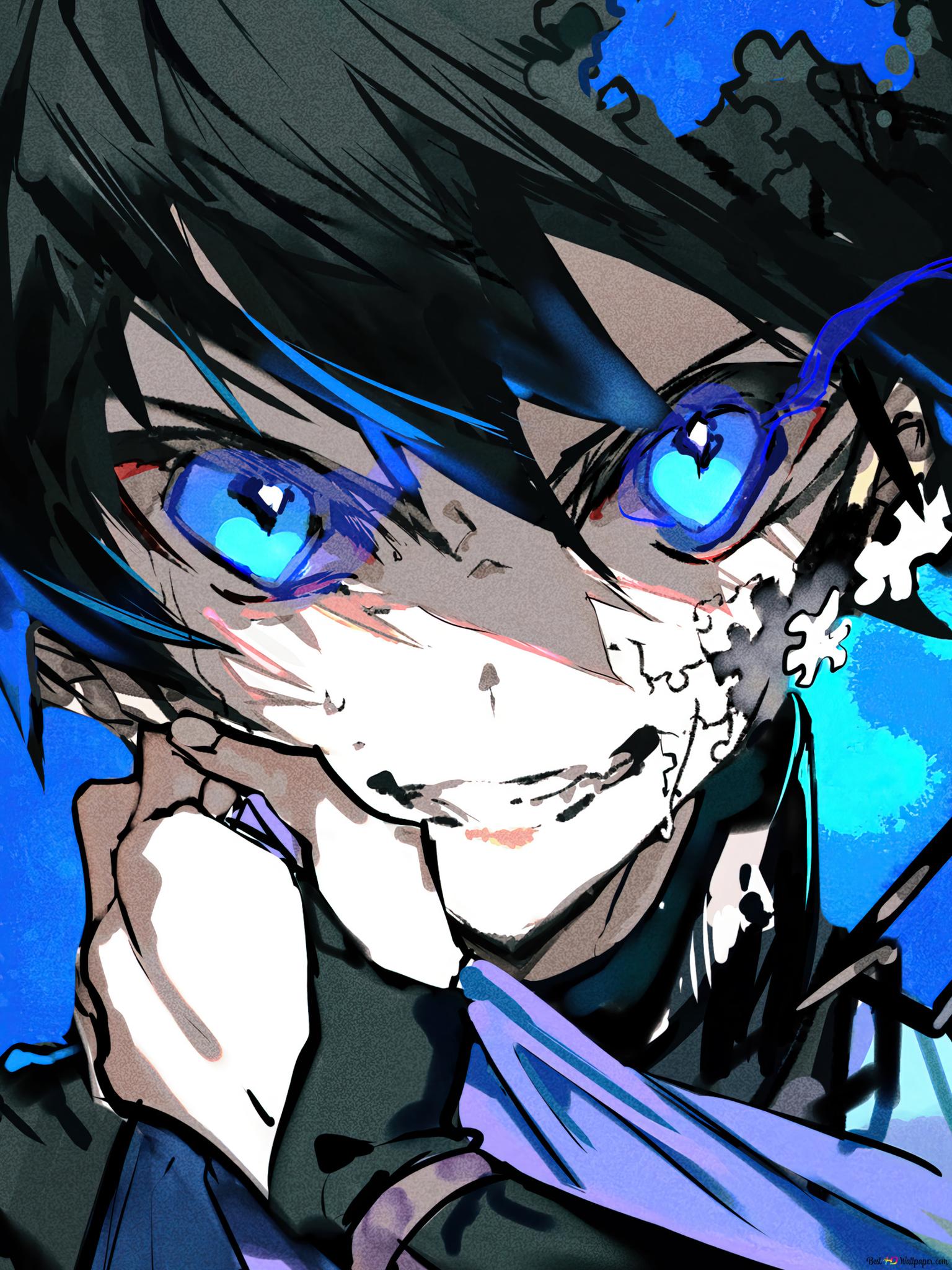 Close-up illustration of Isagi Yoichi from Blue Lock, featuring vibrant blue eyes and a stylized, textured aesthetic