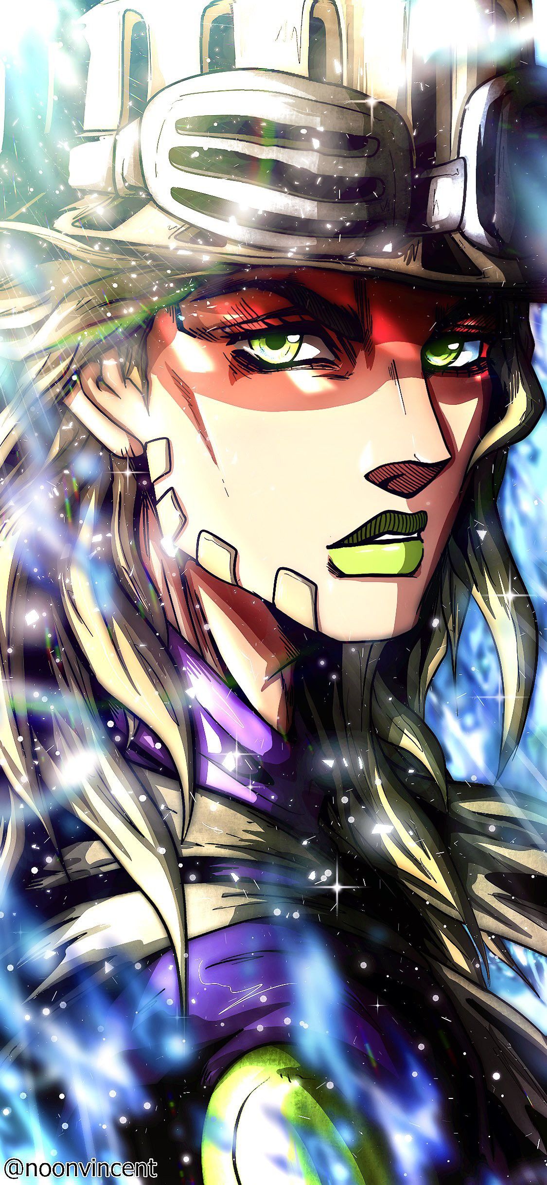 A vibrant close-up of a character with light blonde hair, green eyes, and a unique headpiece reminiscent of aviator goggles, possibly from an anime or manga series