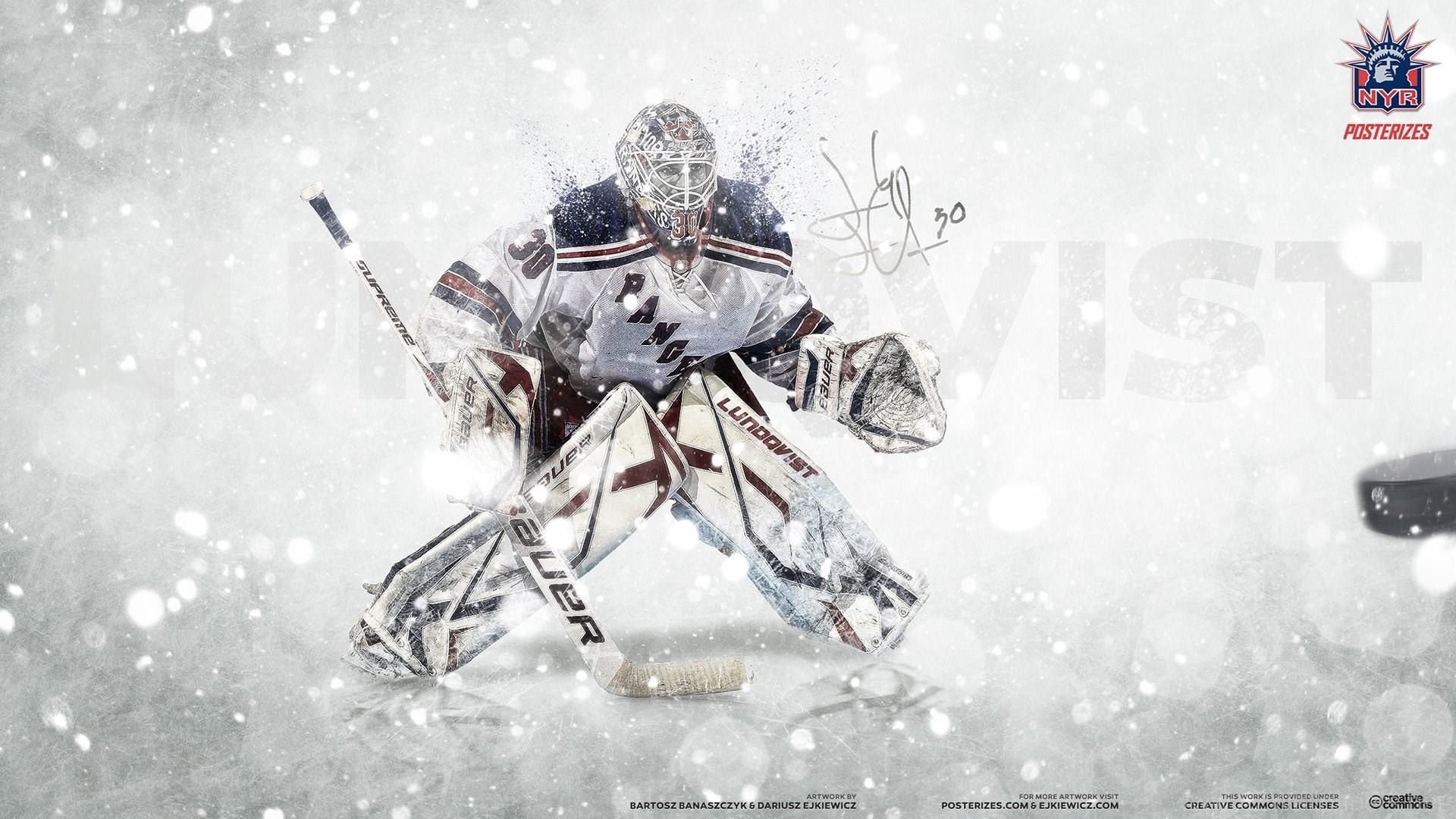 Henrik Lundqvist, New York Rangers goalie, in action on the ice, with snow falling around him