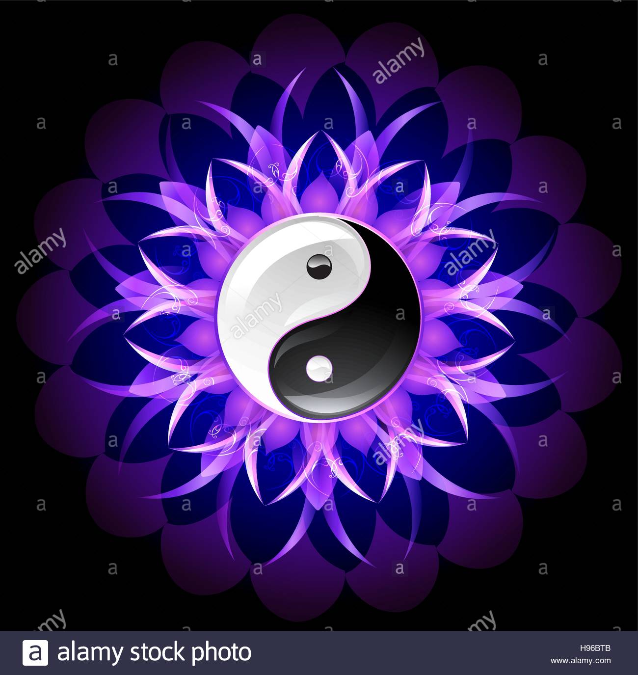 Glowing Purple Lotus With Yin Yang Symbol On A Black Background
