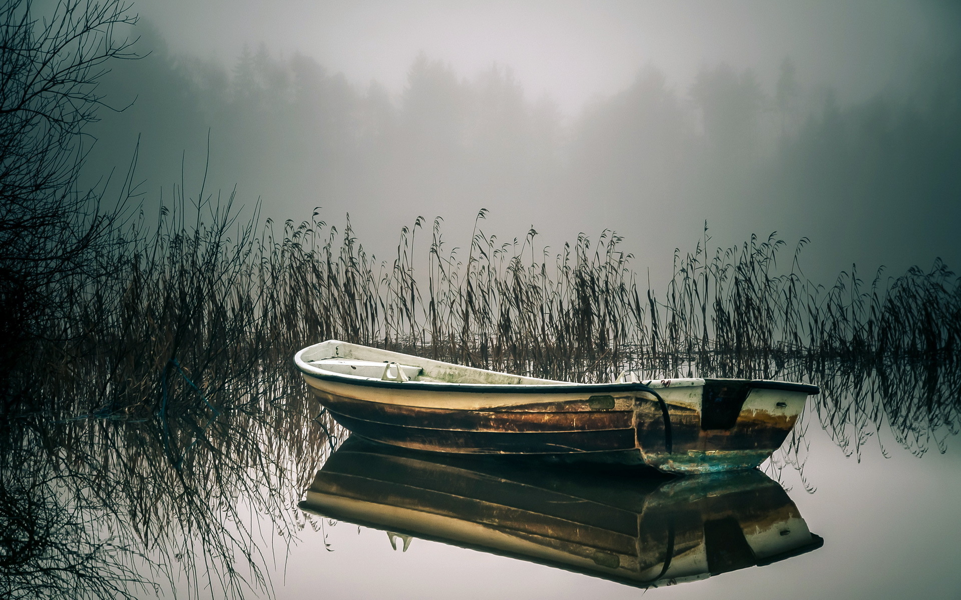 Old Rowboat Floating On A Foggy Lake Wallpaper