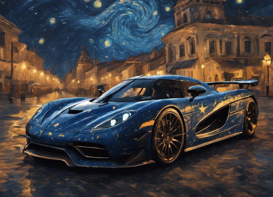 Starry Night Painting By Van Gogh With A Koenigsegg In Front Of It