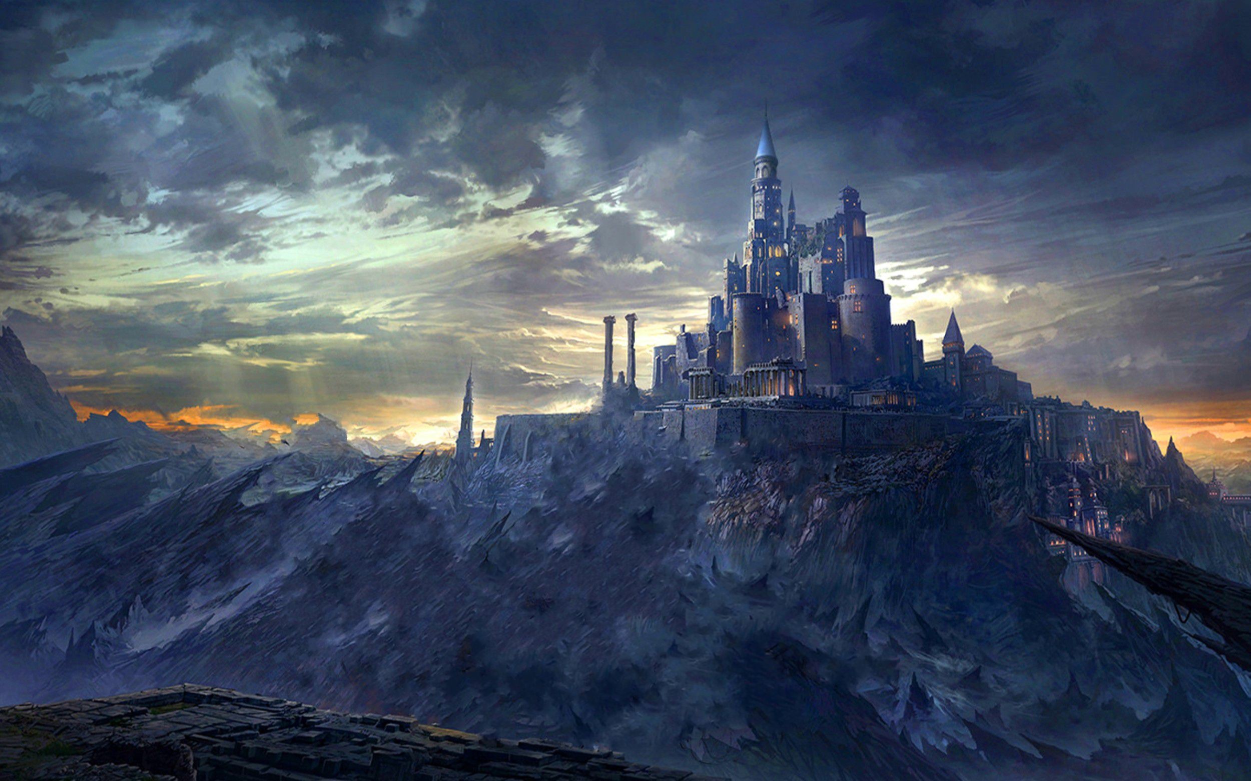 A majestic castle perched atop a rugged, rocky mountain against a dramatic sunset sky. This fantasy landscape evokes a sense of adventure and wonder