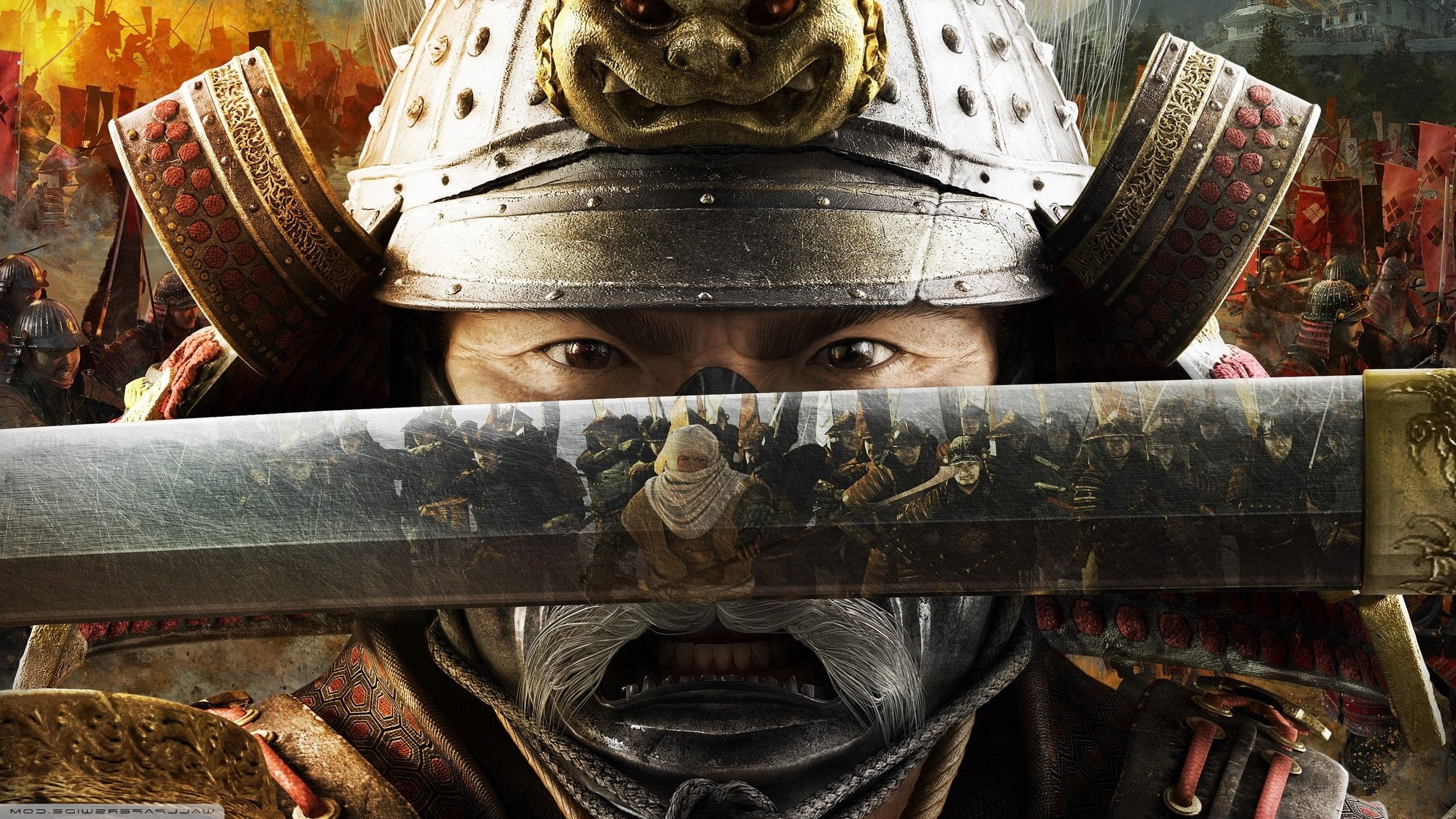 A close-up of a samurai warrior in full battle gear, his katana reflecting a scene of intense warfare
