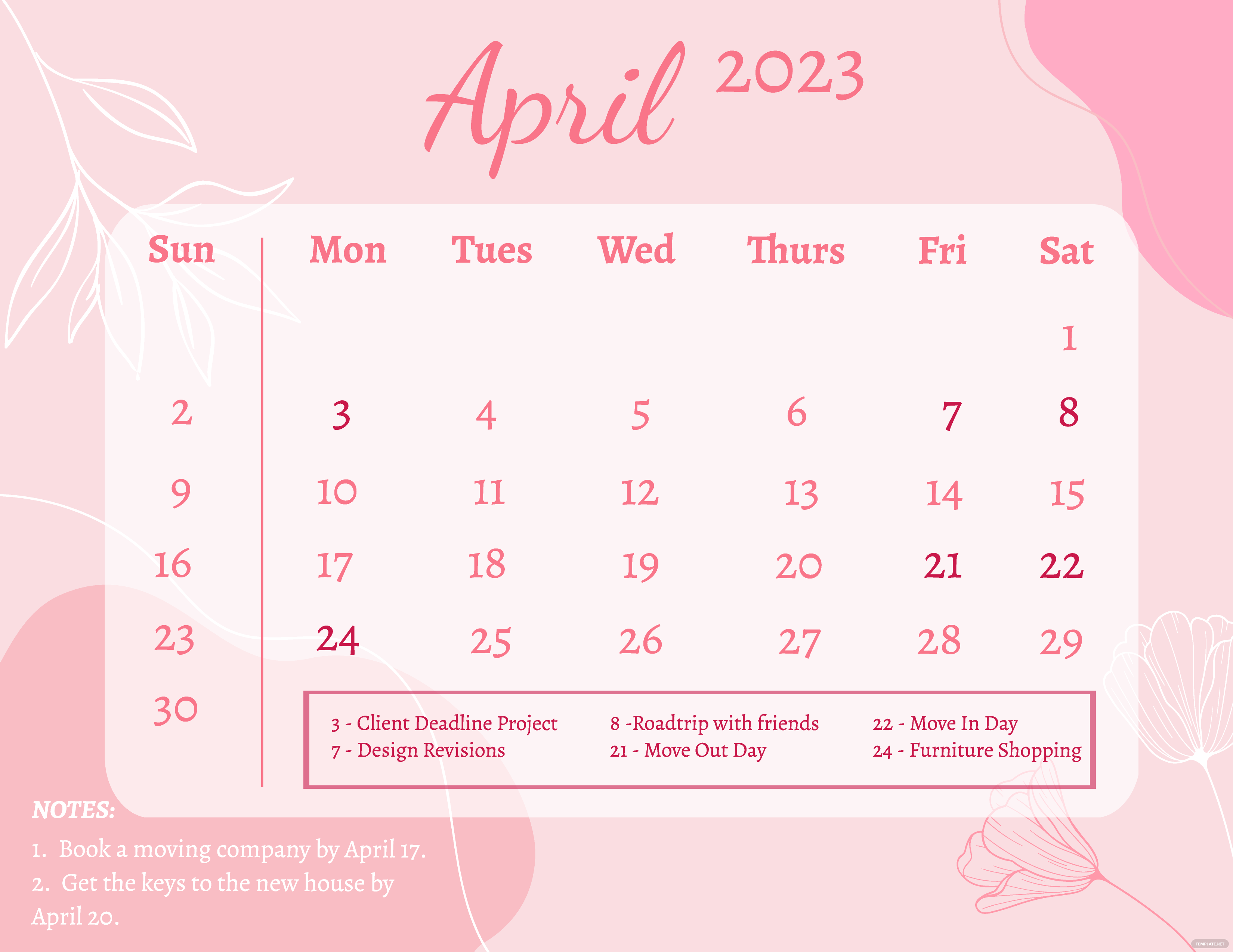 Pink April 2023 Calendar   Google Docs Illustrator Word Apple