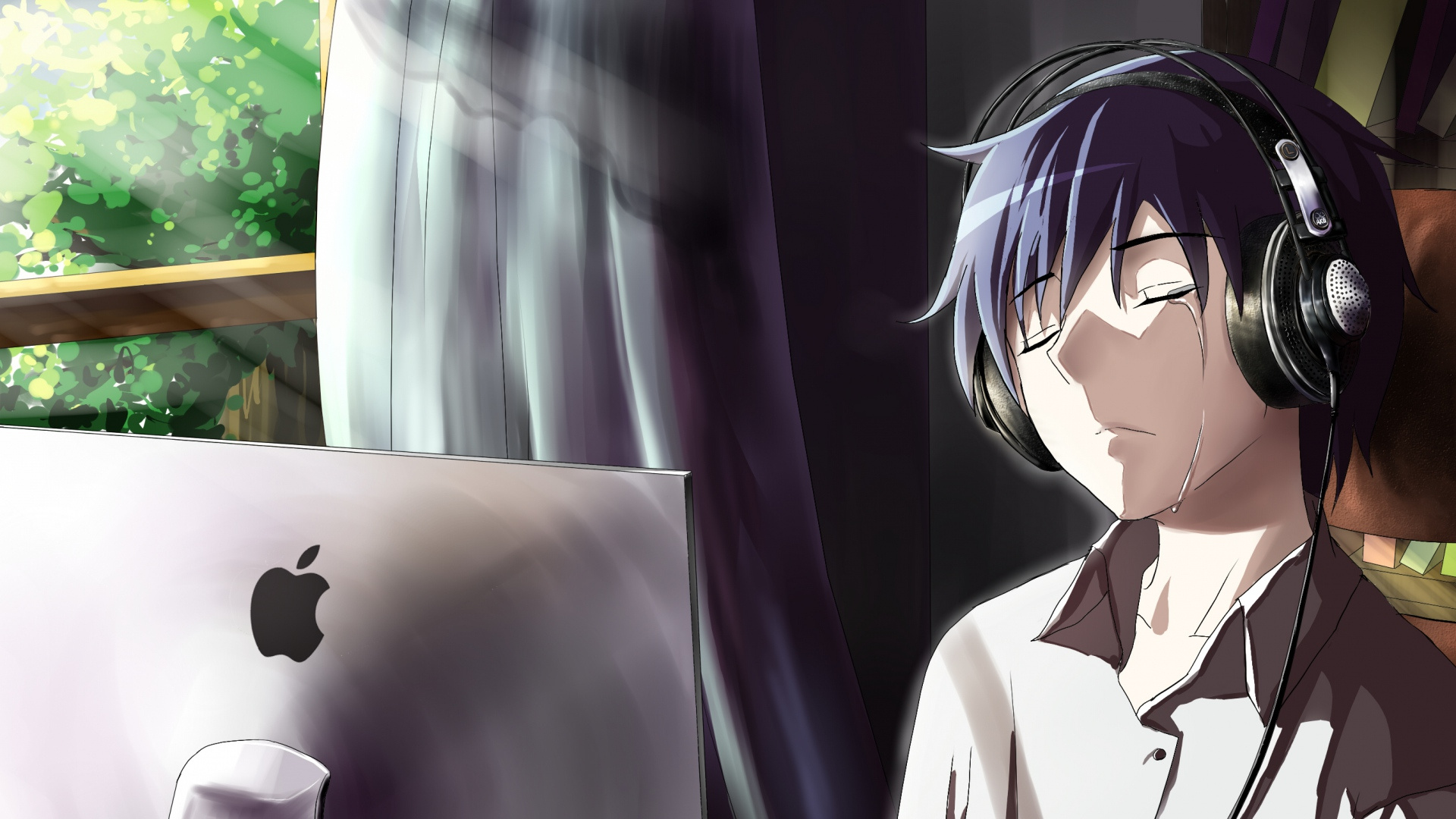 Anime Boy Crying In Front Of Apple Laptop Full HD 1080p 4k Wallpaper