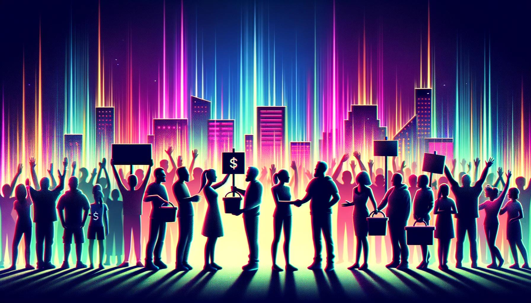Silhouettes of people protesting or celebrating in a cityscape with colorful beams of light, some holding signs and donation buckets