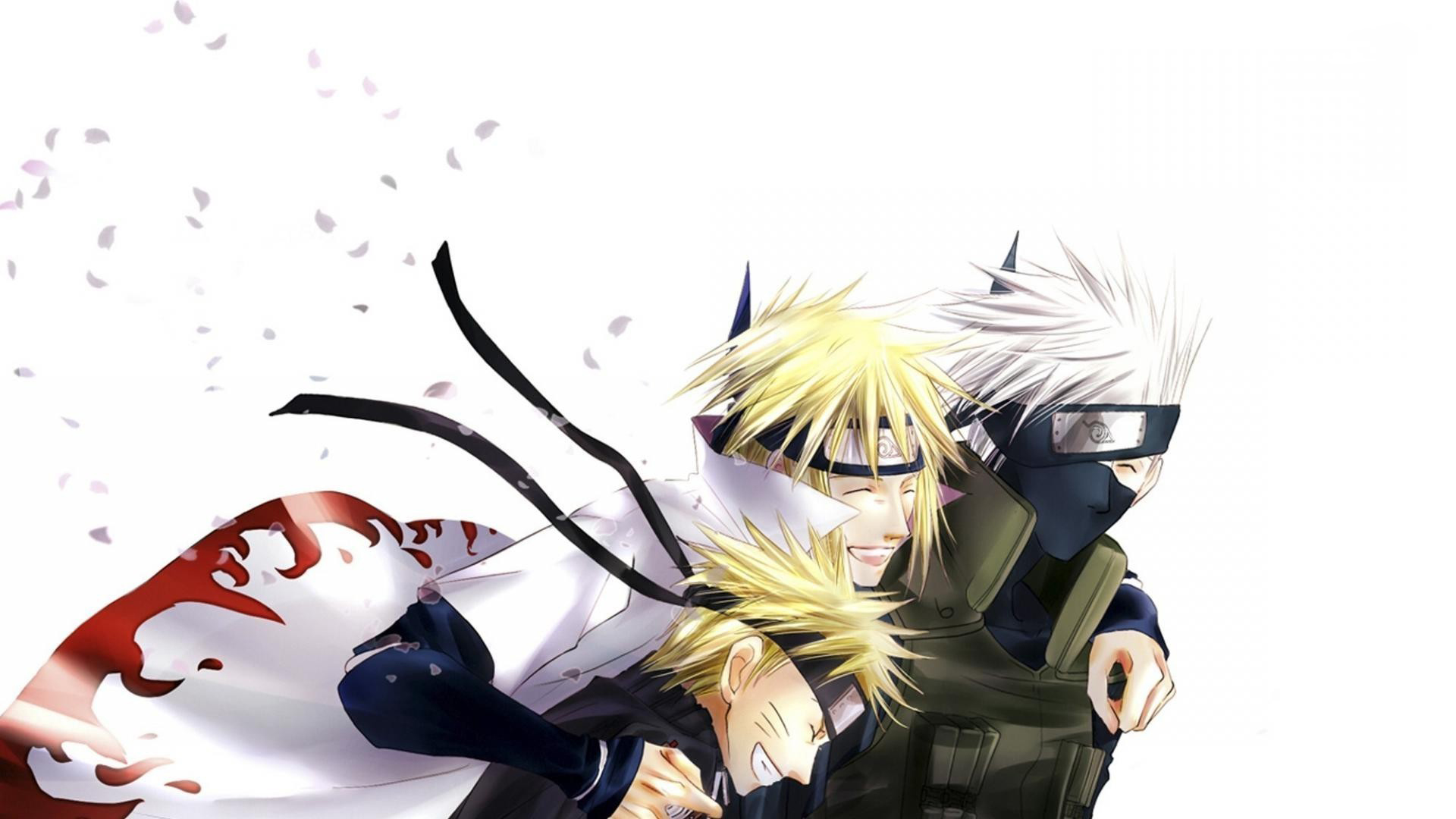 Three Naruto characters, Minato, Kakashi, and Naruto, stand together against a backdrop of falling petals. Minato's white cloak billows behind him, and Naruto beams in the foreground