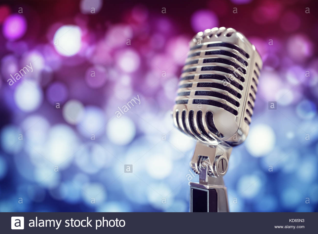 Retro Singing Microphone With Stage Lighting Background Stock