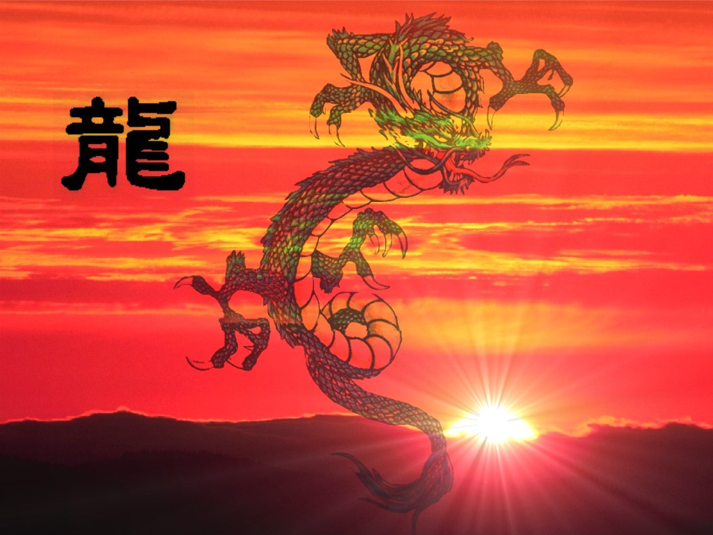 A majestic dragon soars against a vibrant sunset, embodying power and mythology