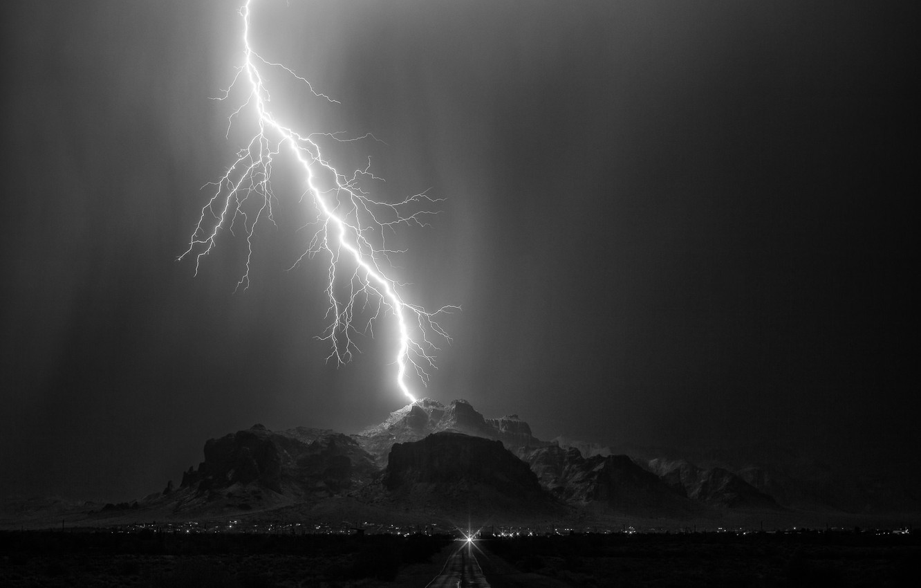 Wallpaper Road The Sky City Lightning Mountain Panorama