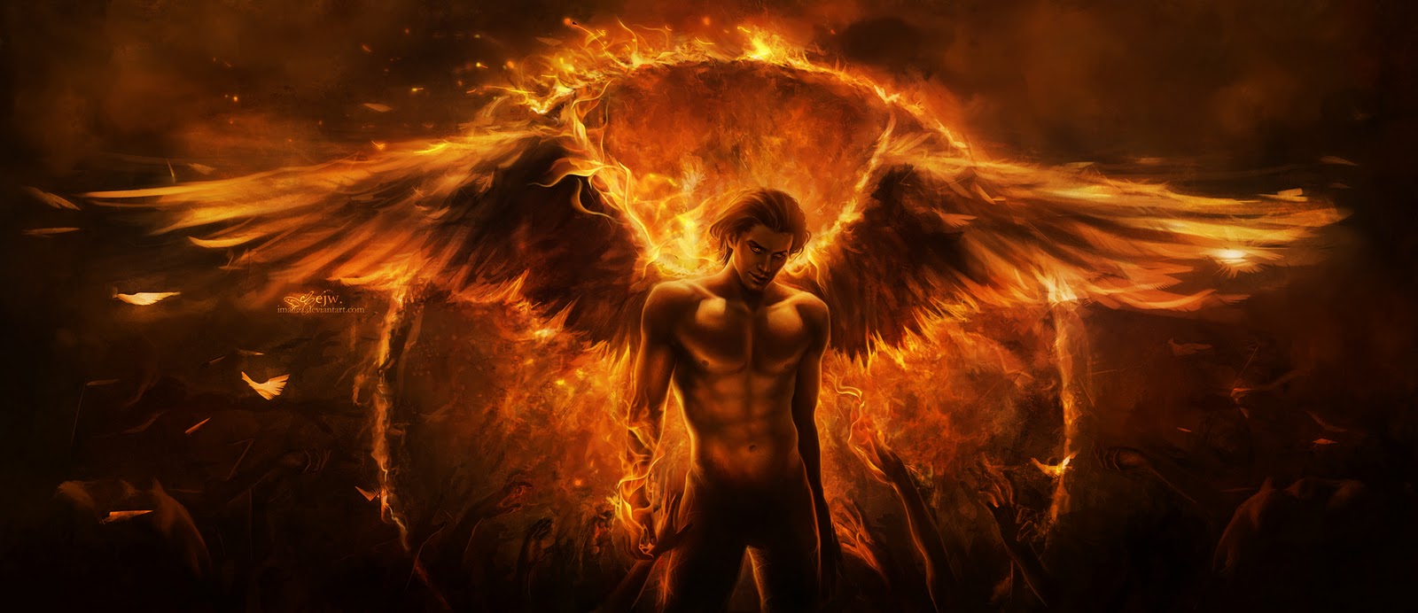 Fallen Angel Stunning Beautiful Male With Fiery Wings In Hell