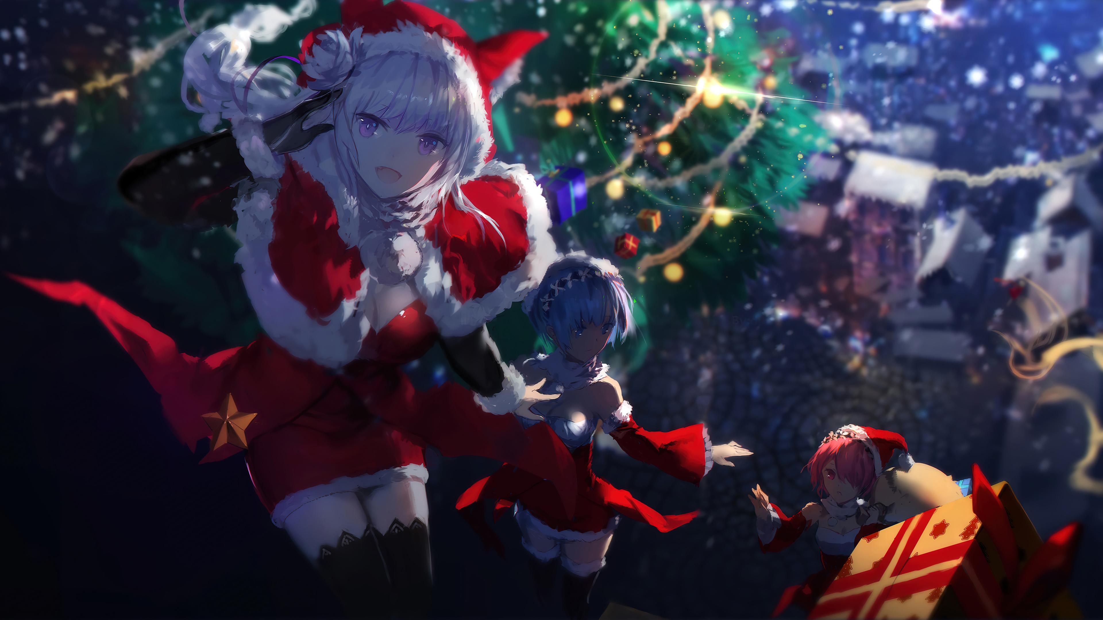 Christmas Tree Santa Anime Girls ReZero 4K Wallpaper iPhone HD